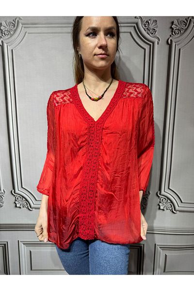 AGORATEKSTİL Women's Italian Capri Sleeve Lined Silk Blouse