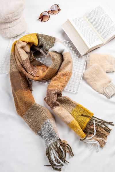 Luminos Butik Brown-Yellow-Beige-Grey Tasseled Square Patterned Thick Textured Scarf - Sal1292