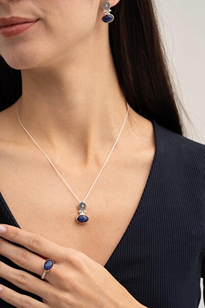 Sümer Telkari Safir Taşlı Antik Elişi Gümüş Set 2839