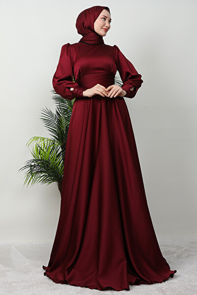 Giza Giyim Βραδινό φόρεμα με πλισέ σατέν μέσης μπορντό