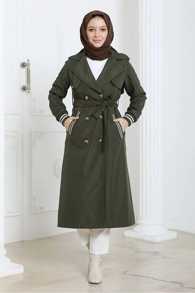 Nevayla Moda Bondit υφασμάτινη ριμπ μακριά καμπαρντίνα / Χακί - M0110
