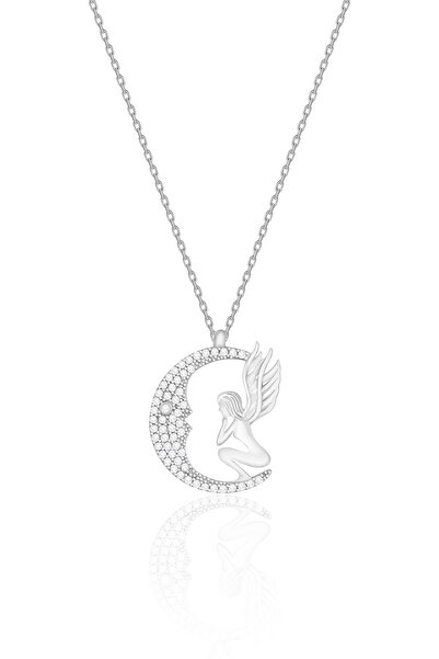 SİLVERA TELKARİ Ayda Oturan Melek Gümüş Kolye Rodyumlu Zirkon Taşlı 925 Ayar ...