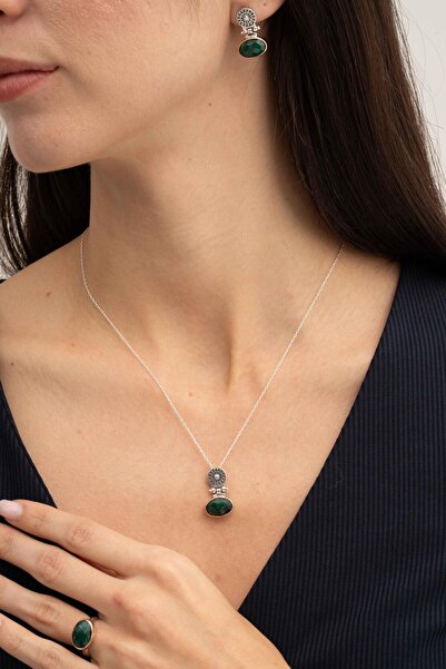 Sümer Telkari Kök Zümrüt Taşlı Antik Elişi Gümüş Set 2840