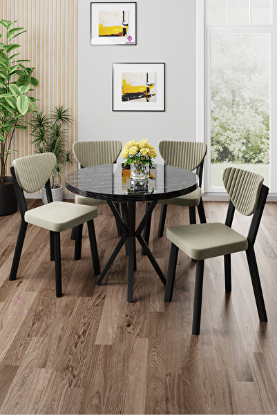 Canisa Agnes Serisi 90x90 Yuvarlak Siyah Mermer Desen Masa Takımı ve 4 Krem S...