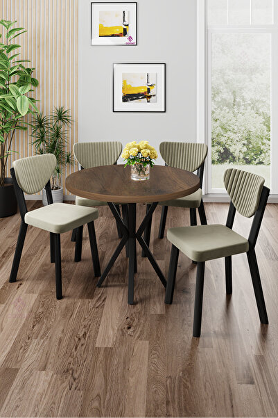 Canisa Agnes Serisi 90x90 Yuvarlak Barok Ahşap Desen Masa Takımı ve 4 Krem Sandalye