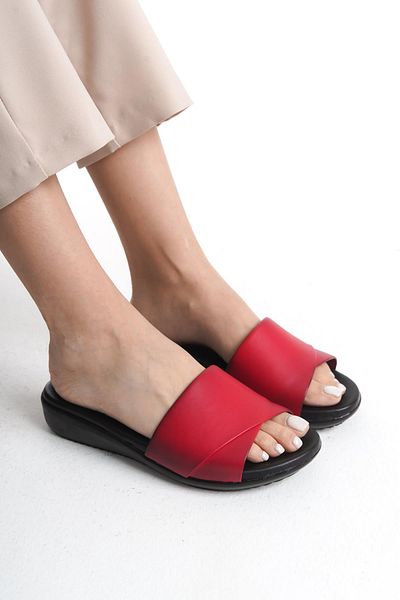ALPELLİ ByAlp Orthopedic Leather Sole Heel Spur Supported Daily Red Slippers