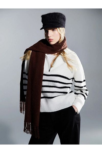 LC Waikiki Xside Ecru Polo Neck Striped Women's Knitwear Sweater