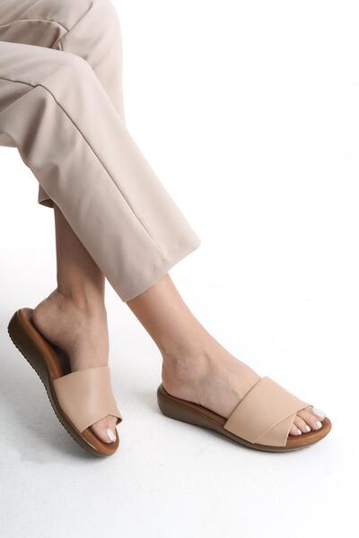 ALPELLİByAlp Orthopedic Leather Sole Heel Spur Supported Daily Beige Slippers
