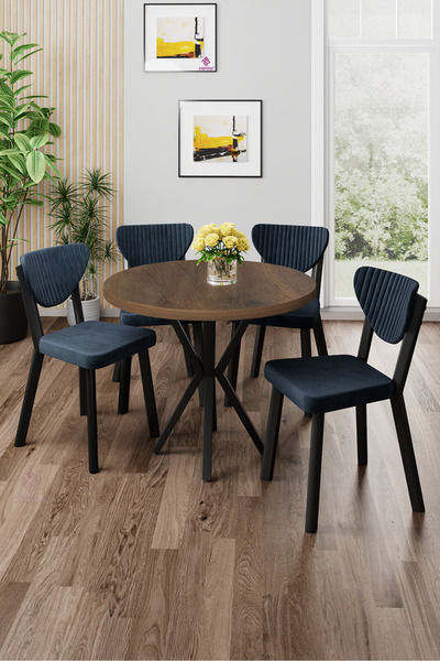 Canisa Agnes Serisi 90x90 Yuvarlak Barok Ahşap Desen Masa Takımı ve 4 Antrasi...