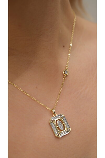 Jerie Mix Renk Kare Plaka Zirkon Taş Tasarım 14k Kolye