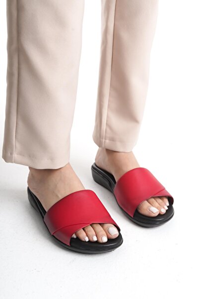 ALPELLİByAlp Orthopedic Leather Sole Heel Spur Supported Daily Red Slippers
