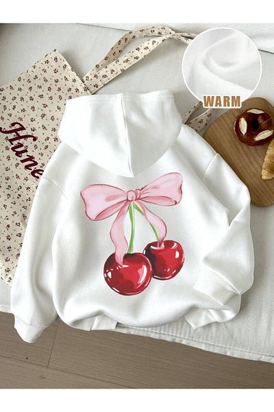 Afternoon Kids Girl's Hooded'Cherry' Back Printed White Sweatshirt