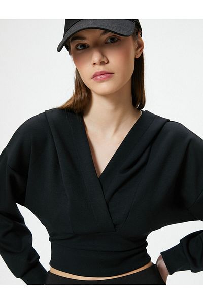 Koton Φούτερ Modal Fabric Crop Hooded με διπλό στήθος V λαιμόκοψη