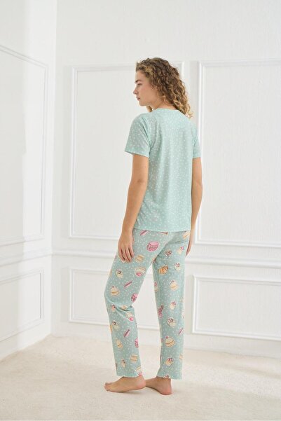 MEBA Set de pijamale din lycra pentru femei, cu mânecă scurtă, cu textura moale, din jerseu simplu, turcoaz