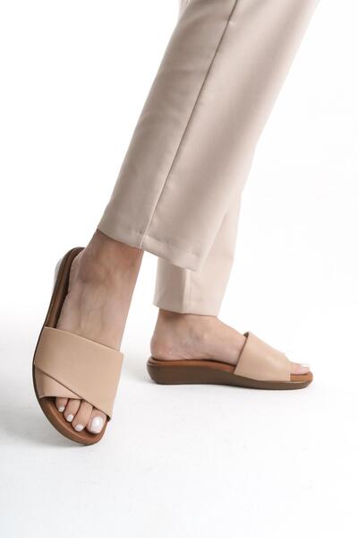 ALPELLİByAlp Orthopedic Leather Sole Heel Spur Supported Daily Beige Slippers