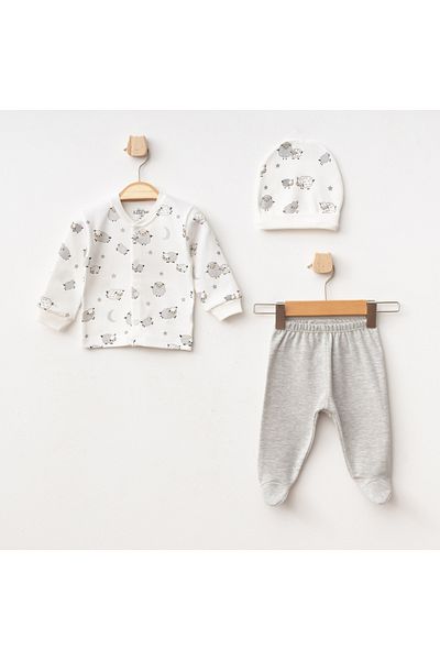 Aziz Bebe Cute Lambs Patterned 3-Piece Baby Set with Bottom and Hat and Feet, Size 0-3-6 Months