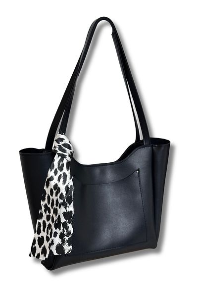 Kontes Women's Shopper Hand and Shoulder Bag with Front Pocket Detail, Leopard Scarf, Zipper and Snap Closure