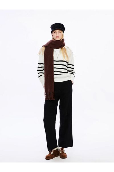 LC Waikiki Xside Ecru Polo Neck Striped Women's Knitwear Sweater