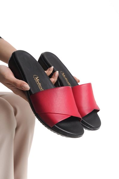 ALPELLİ ByAlp Orthopedic Leather Sole Heel Spur Supported Daily Red Slippers