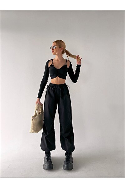 Windheaven Παντελόνι από ύφασμα αλεξίπτωτου ψηλόμεσο μαύρο