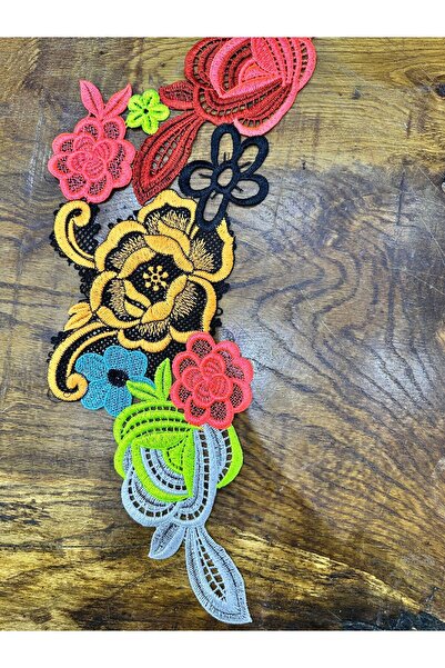 Gönülden Tasarım RENKLİ ÇİÇEKLİ NAKIŞ İŞLEME YAKA DİKİŞ APLİKE ARMA 47X17 CM