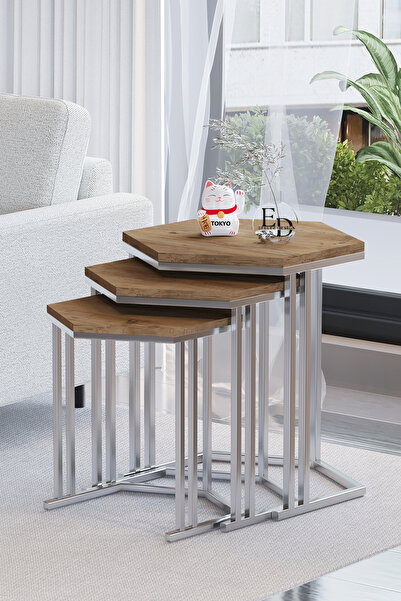 ED Efelez Design Zigon Sehpa , Tokyo 3'lü Zigon Takımı , Gümüş Metal - Atlant...