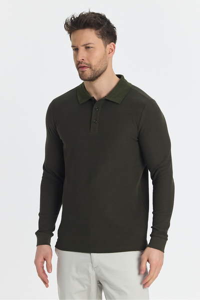 Frappoli Blum Ανδρικό - Χακί SlimFit Μοτίβο βάφλας, 100% βαμβάκι, λύκρα, γιακάς χωρίς μπούκλες, μακρύ μανίκι, φούτερ με γιακά πόλο