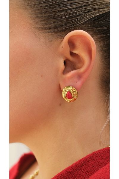 Jerie Gold Vintage Look Drop Colored Stone Detail Steel Earrings