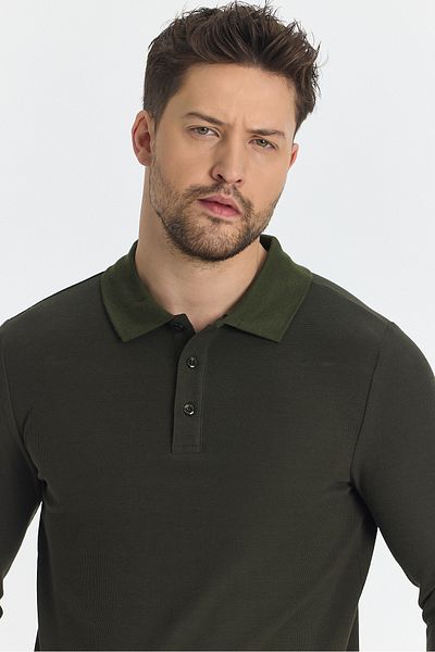 Frappoli Blum Ανδρικό - Χακί SlimFit Μοτίβο βάφλας, 100% βαμβάκι, λύκρα, γιακάς χωρίς μπούκλες, μακρύ μανίκι, φούτερ με γιακά πόλο