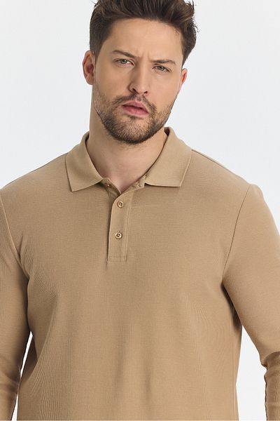 Frappoli Blum Ανδρικό μπεζ Slim Fit - 100% βαμβακερό Lycra μακρυμάνικο πόλο φούτερ με γιακά