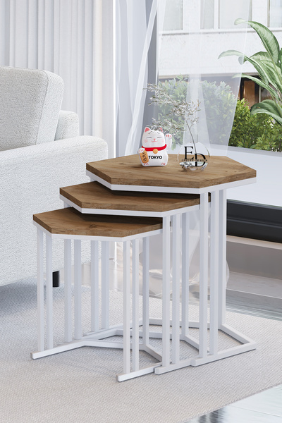 ED Efelez Design Zigon Sehpa , Tokyo 3'lü Zigon Takımı , Beyaz Metal - Atlant...