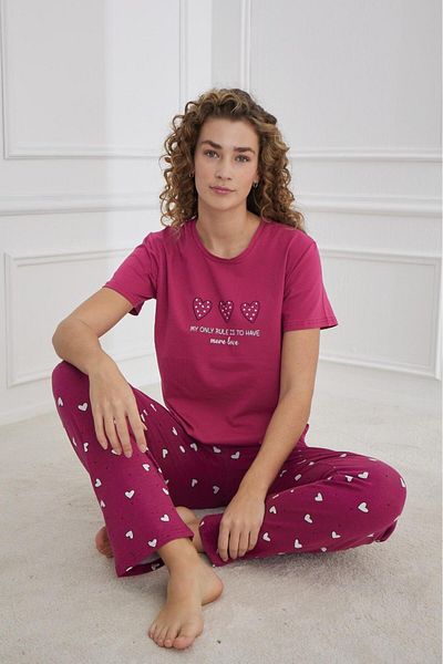 MEBA Women's Compact Combed Cotton Soft Textured Short Sleeve Plum Combed Cotton Pajamas Set