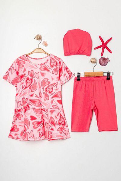 Beniizle Flounce Skirt Patterned Boned Girls' Three-Piece Set Swimsuit