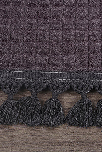 Teksev Square Plus Anthracite Color Pompom Fringed Cutting Runner Non-Slip Base Machine Washable Soft Carpet