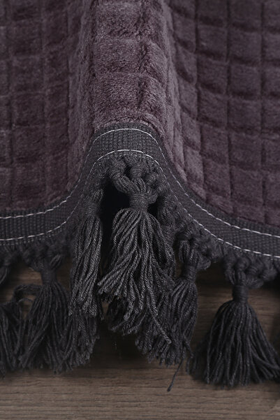 Teksev Square Plus Anthracite Color Pompom Fringed Cutting Runner Non-Slip Base Machine Washable Soft Carpet