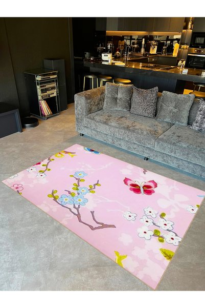 Rugs Modern Halı Seda Collection Pink Themed Butterfly and Flower Detailed Wo...