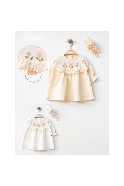 MONTİNA FIRFIRLI ÇİÇEK NAKIŞLI PREMIUM BEBEK ELBİSESİ VE SAÇ BANDI