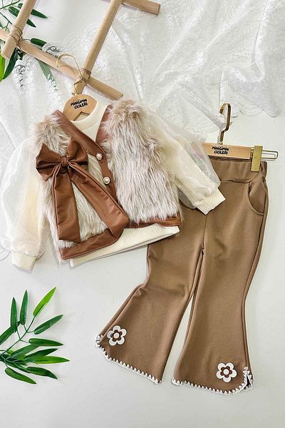 Minigimin Cicileri Girl's 3-Piece Set with Fur Leather Piping Detail - Brown
