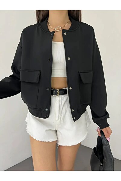 X24MODA Bunda Palazzo Diving Fabric Double Pocket Bomber Jacket