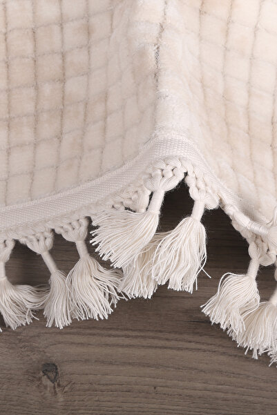 Teksev Square Plus Cream Color Pompom Fringed Cutting Runner Non-Slip Based Machine Washable Tasseled Carpet