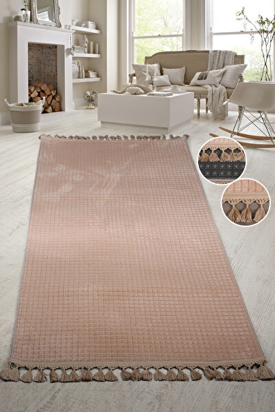 Teksev Square Plus Mink Color Pompom Fringed Cutting Runner Stain Resistant Non Slip Base Machine Washable Carpet
