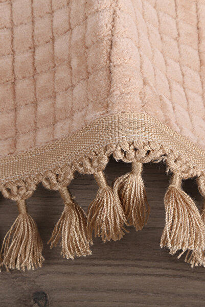 Teksev Square Plus Mink Color Pompom Fringed Cutting Runner Stain Resistant Non Slip Base Machine Washable Carpet