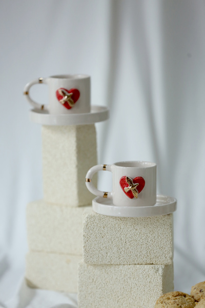 MERVEOKTAYSERAMİK 2'li El Yapımı Kalpli Güvercinli Seramik Türk Kahvesi Fincanı