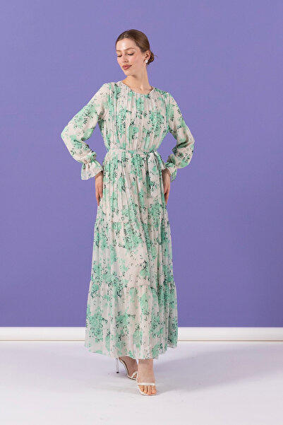 Stilife Göğsü Pileli Şifon Elbise Yeşil