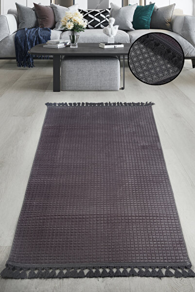 Teksev Square Plus Anthracite Color Pompom Fringed Cutting Runner Non-Slip Base Machine Washable Soft Carpet