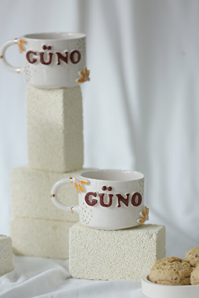 MERVEOKTAYSERAMİK El Yapımı Güno Yazılı Çiçekli Seramik Mug