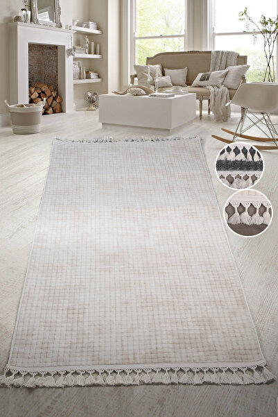 Teksev Square Plus Cream Color Pompom Fringed Cutting Runner Non-Slip Based Machine Washable Tasseled Carpet