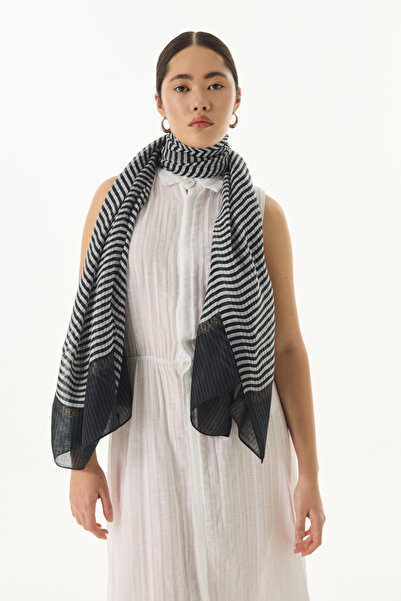 FENZA SCARF %40 İpek %60 Yün Ekose Desen Omuz Şalı - Siyah-Beyaz