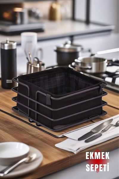 Open Home Concept Metal Black Striped Bread Basket - 1 Square Fabric