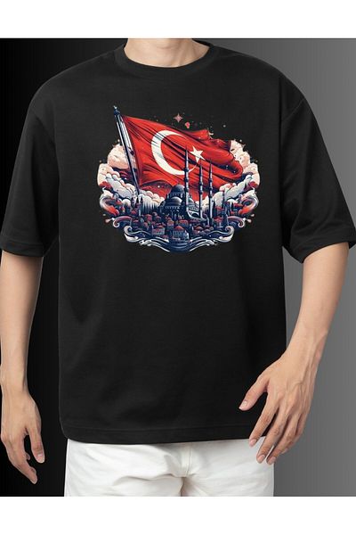 Sanctum Oversize Basic Μαύρο T-shirt με Σχέδιο Τουρκικής Σημαίας - Κομψό και απλό σχέδιο